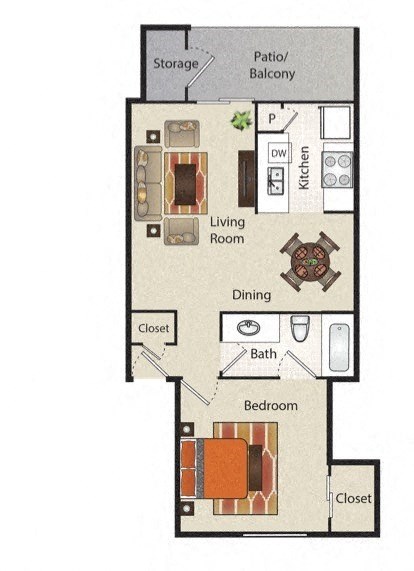 Floor plan for 1 bed, 1 bath, 670 sqft